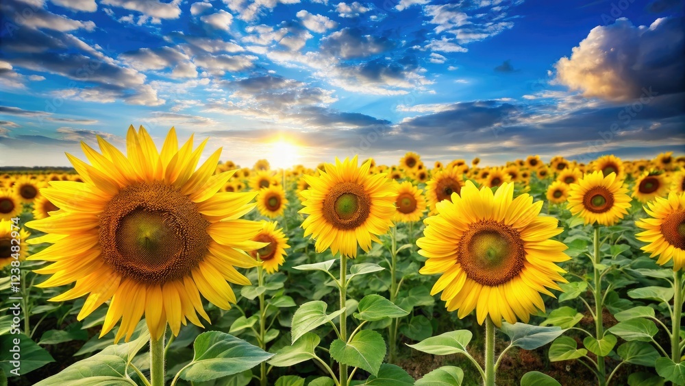 Sunflower field with bright yellow flowers and green stems stretching towards the sky, sunny day, bright colors, outdoor photography, countryside Sunflower field with bright yellow flowers and green stems stretching towards the sky, sunny day, bright colors, outdoor photography, countryside