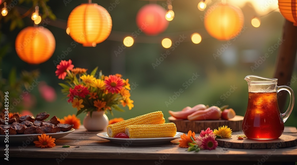 Summer festival setup with string lights and delicious food at sunset