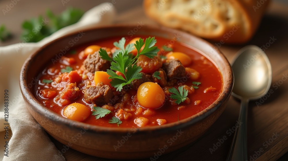 Hearty Hungarian goulash served in a rustic bowl surrounded by bread and greens Hearty Hungarian goulash served in a rustic bowl surrounded by bread and greens