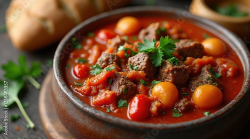 Hearty Hungarian goulash served with fresh ingredients photo