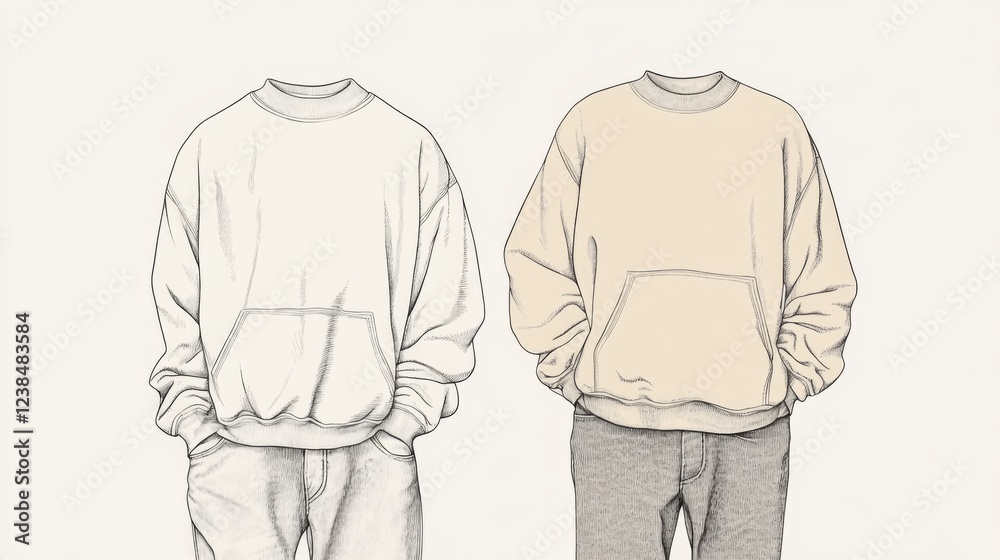 Two sweatshirts, pocket detail, fashion sketch
