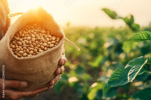 A farmer holding up a bag of soy as a substitute feed for livestock, standing in a sunlit field photo