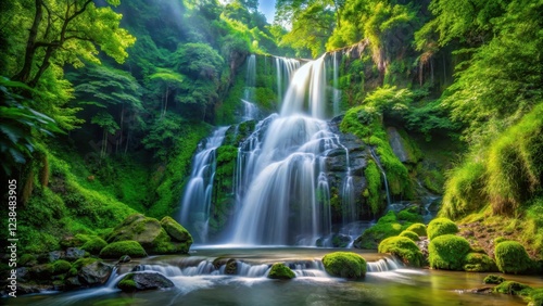 waterfall cascading down lush greenery in forest, scenic, beautiful waterfall,  scenic,beautiful waterfall, tranquil, trees