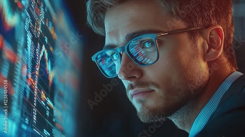 A cybersecurity analyst working in a high-tech environment, sitting at a desk with multiple monitors displaying lines of code, digital security graphs, and futuristic interface elements.