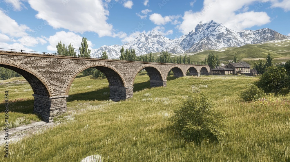 Stone Arch Bridge Spanning Valley Near Snowy Mountains Stone Arch Bridge Spanning Valley Near Snowy Mountains