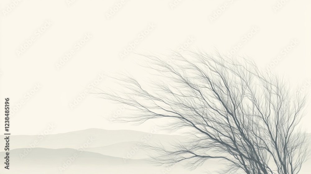 Winter tree silhouette against misty hills, peaceful landscape, nature background, design element Winter tree silhouette against misty hills, peaceful landscape, nature background, design element