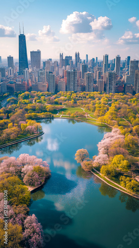 A breathtaking aerial view of a lush city park with a reflective lake, surrounded by blooming trees and a modern urban skyline