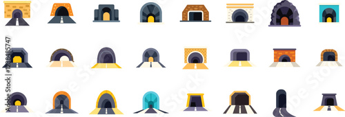 Set of various tunnel icons depicting different tunnel shapes, constructions, and road types, including mine and subway tunnels