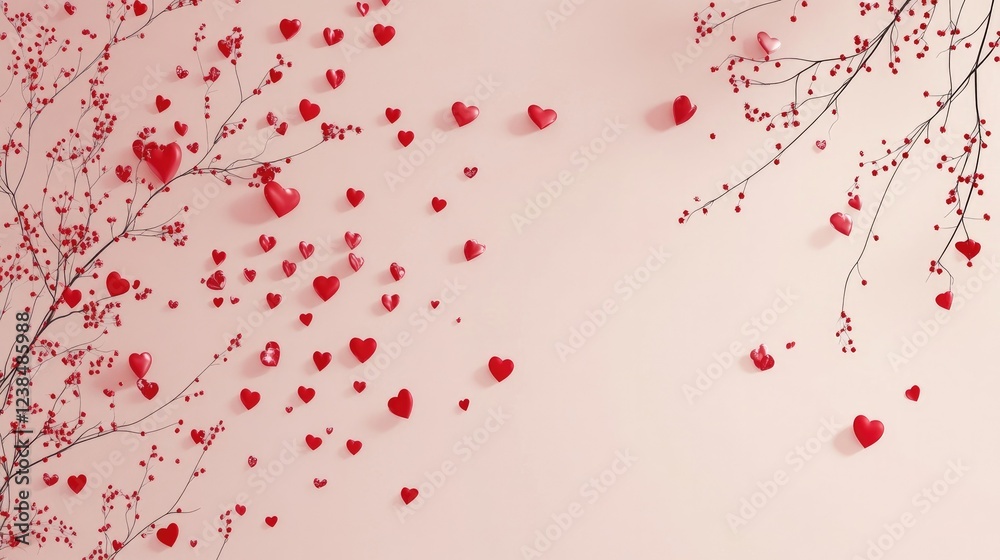 Abstract pink background adorned with scattered red hearts and decorative branches, exuding love and romance Abstract pink background adorned with scattered red hearts and decorative branches, exuding love and romance