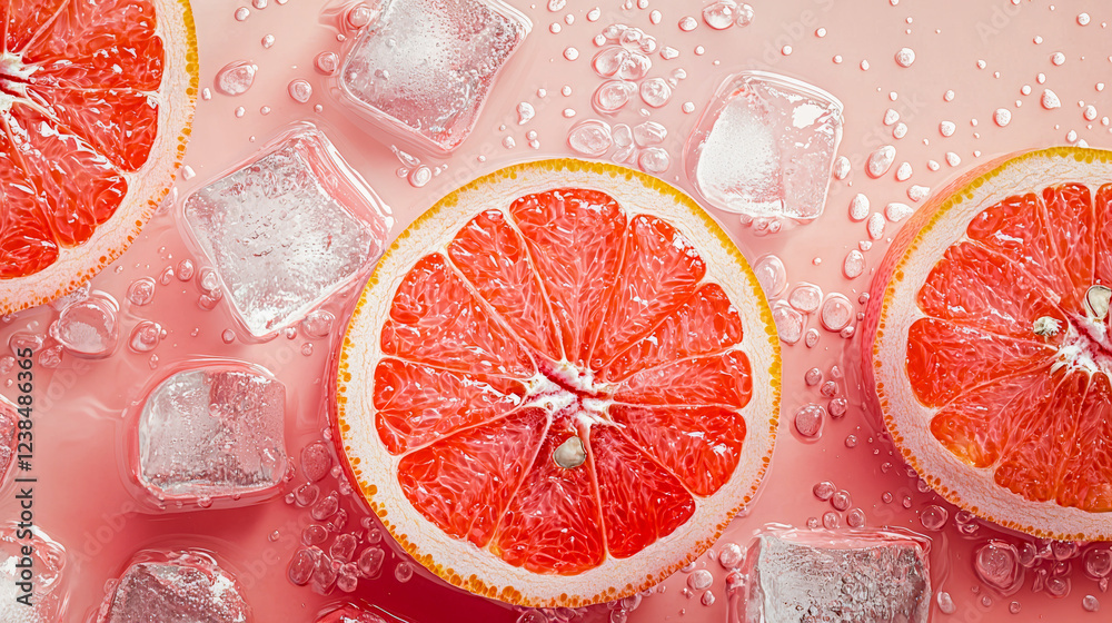 Refreshing grapefruit slices with ice cubes on a pastel pink background, showcasing juicy citrus texture, water droplets, and a vibrant summer feel
