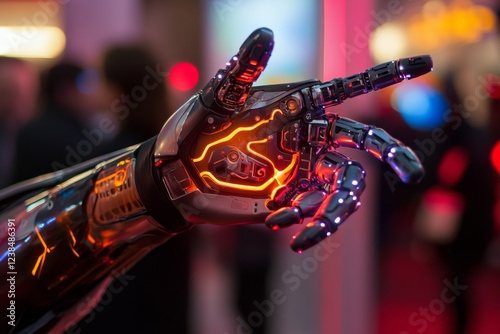A high-tech robotic arm adjusting its form and tools to perform various tasks, glowing with neon-blue energy, symbolizing the ultimate versatility in AI