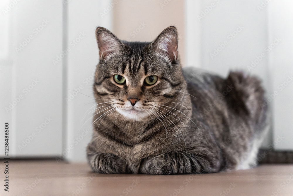 A close-up of a tabby cat with green eyes, lying on the floor in a cozy indoor environment. The soft lighting and shallow depth of field emphasize the cat's calm and curious demeanor. A close-up of a tabby cat with green eyes, lying on the floor in a cozy indoor environment. The soft lighting and shallow depth of field emphasize the cat's calm and curious demeanor.