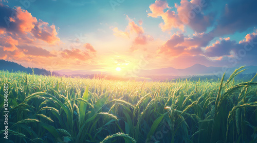 Cornfield and sunrise with blue sky