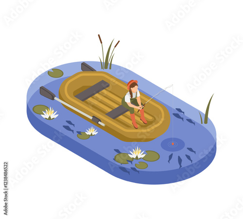Alone fishing woman with rod sitting in rubber boan in pond. Female character rest on nature, on lake or river and fish. Fisherwoman vector isometric scene