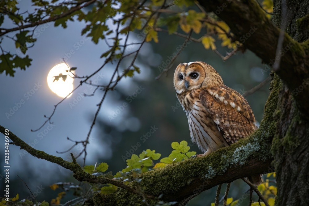 Obraz premium The tawny owl's feathers glisten in the moonlight as it blends into the surrounding foliage, moonlight, camouflage, tree trunks, foliage, nocturnal creature