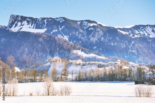 Winter landscape of Gruyere castle covered with snow in wintertime photo