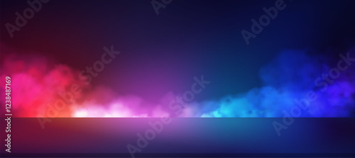 Technology background,Gradient Neon light Blue,Purple,Pink,Orange Colour,Cloud on Wall,Studio background 3d podium for product design,Futuristic display platform for future cyberspace