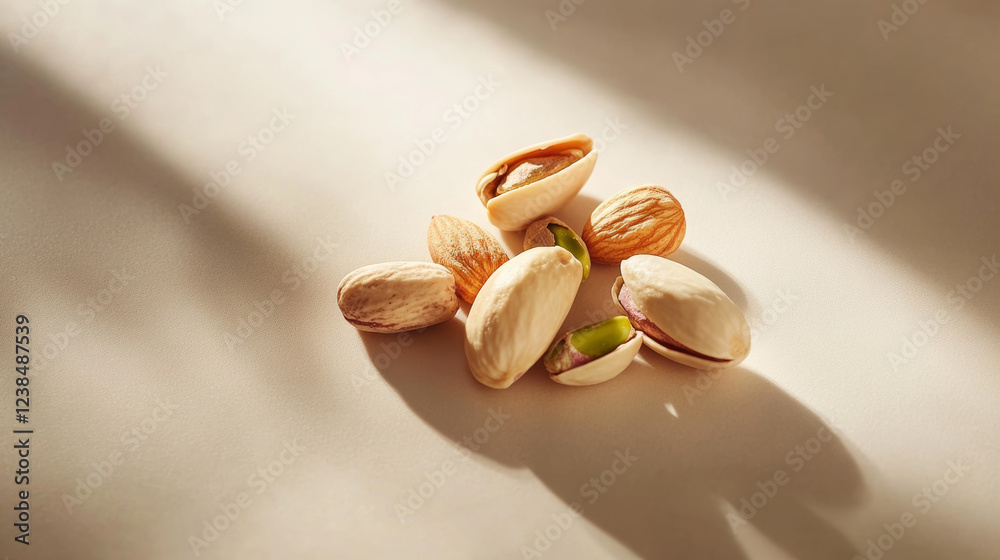 Close up of raw nuts including pistachios and macadamias, showcasing their textures and colors in soft lighting. Perfect for healthy snack ideas and culinary presentations Close up of raw nuts including pistachios and macadamias, showcasing their textures and colors in soft lighting. Perfect for healthy snack ideas and culinary presentations