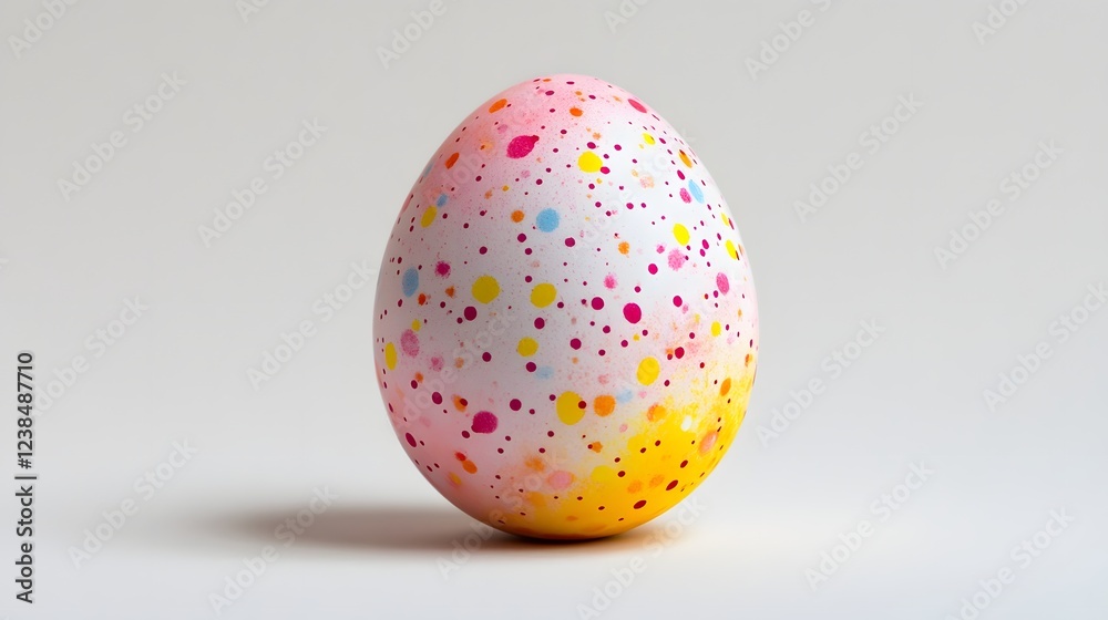 A colorful, speckled egg rests on a plain background. A colorful, speckled egg rests on a plain background.