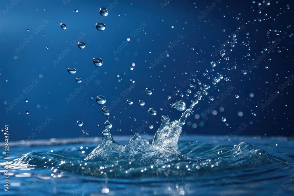 Tiny droplets of water suspended in mid-air on a deep blue background creating a mesmerizing visual effect, quiet, intricate, serene, reflection, droplets Tiny droplets of water suspended in mid-air on a deep blue background creating a mesmerizing visual effect, quiet, intricate, serene, reflection, droplets