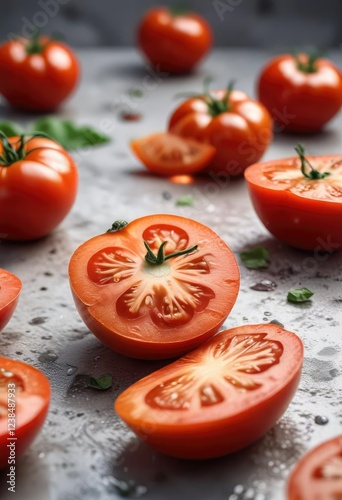 Tomate flotando en un fondo blanco con una capa de aceite, aceite, salsa photo