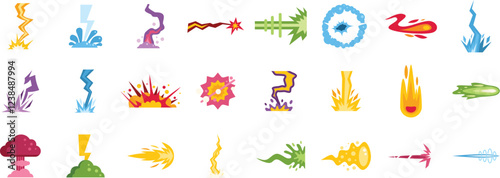 Cartoon explosions and flashes creating dynamic visual effects with vibrant colors, perfect for video games and animations