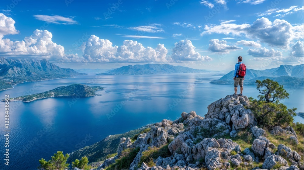 Fototapeta premium A hiker standing on a rocky mountain peak, gazing at the vast ocean and distant islands under a bright blue sky..