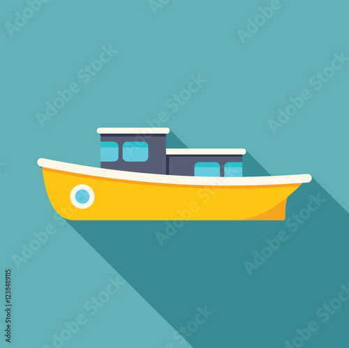 Small fishing boat sailing on calm water, featuring a yellow hull, gray cabin, and a long shadow, ideal for maritime and travel related projects