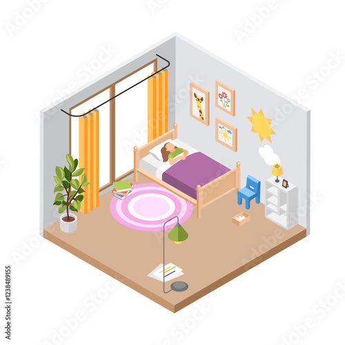 Child sleep in bedroom. Little girl in bed, isometric interior. Kid room with pictures, books, carpet, bookshelf, lamp. Home location vector scene