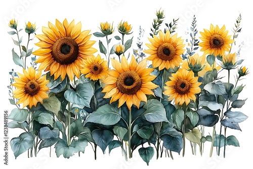 Watercolor illustration of a sunflower field, perfect for summer or fall design projects.