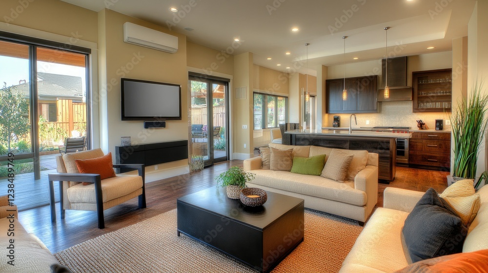 Fototapeta premium Comfortable family room showcasing a wall-mounted energy-saving air conditioner, neutral-toned furniture, and eco-friendly accents