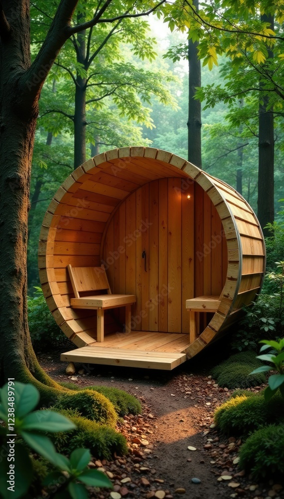 A wooden barrel sauna blends with the forest surroundings, branches, tree trunks A wooden barrel sauna blends with the forest surroundings, branches, tree trunks