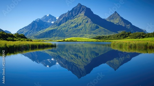 Mountains landscape nature idea. Serene mountain landscape reflecting on a still lake under a clear blue sky.