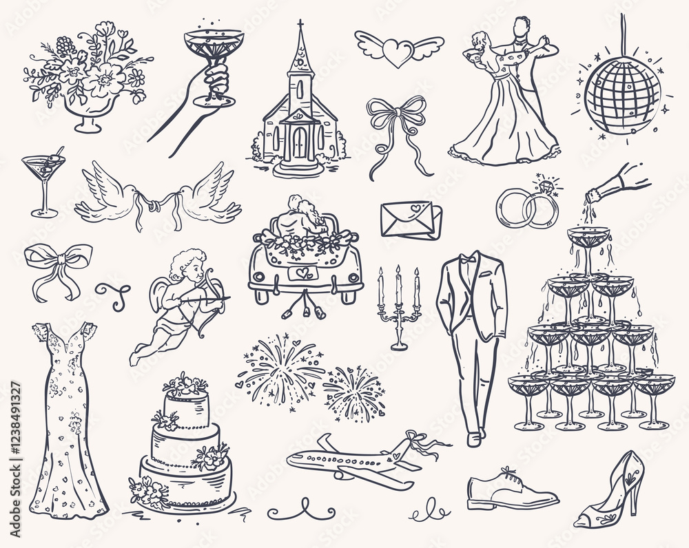 Whimsical Wedding - handdrawn illustration set for a magical wedding design
