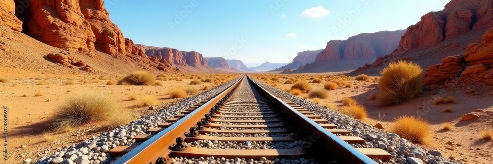 Railway tracks passing through a desert landscape with crushed stones and rocky outcrops, crushed stone, rugged, terrain Railway tracks passing through a desert landscape with crushed stones and rocky outcrops, crushed stone, rugged, terrain
