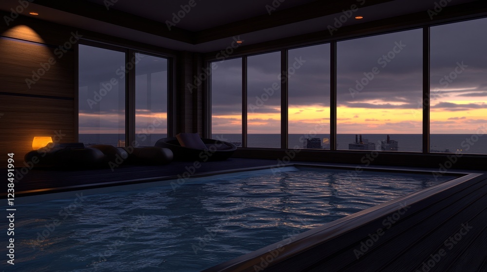 Fototapeta premium Serene Sunset View Indoor Pool Relaxation Space