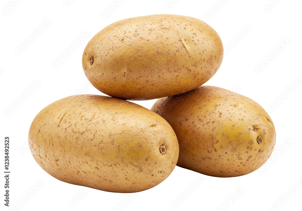 Three potatoes are stacked on top of each other isolated on white background, no depth of field, sharp. Three potatoes are stacked on top of each other isolated on white background, no depth of field, sharp.