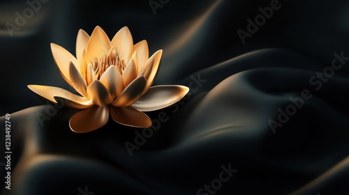 A minimalist lotus in golden hues, set against a matte black fabric background with subtle folds.