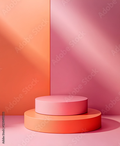 A set of minimalist podiums in pink and orange hues for product display with soft shadows.