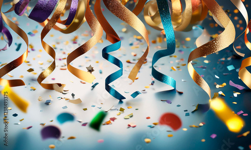 Colorful confetti and streamers falling on a festive background creating a celebratory atmosphere photo