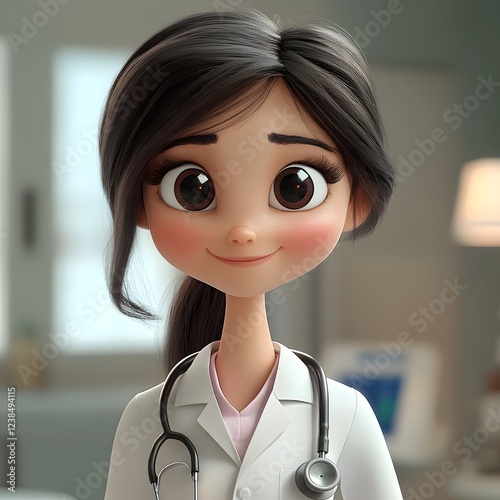 Adorable cartoon doctor girl 3d render illustration cute coat hair model happy