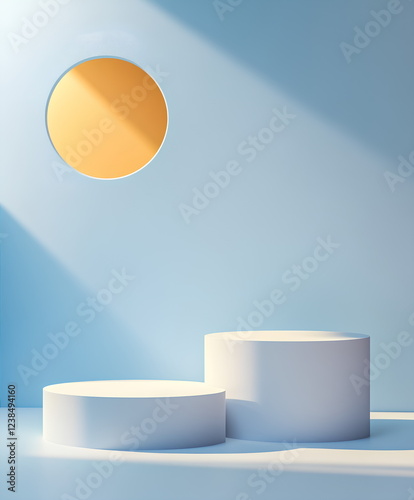 Minimalist design of two cylindrical product podiums in front of a round opening with soft shadows and light blue.