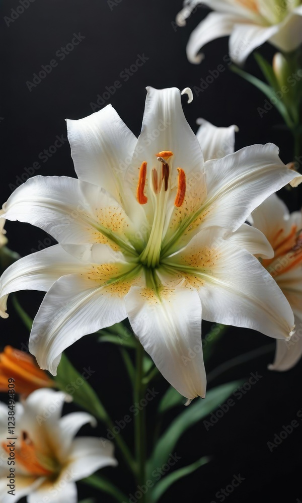 Fototapeta premium Stunning white lily bloom with striking orange accents on dark backdrop, color contrast, shot, petal texture