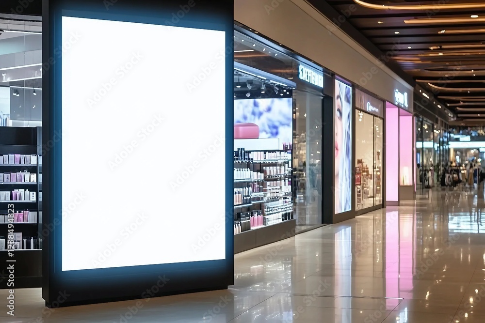 Mockup blank LED Screen billboard in front of entrance of cosmetics store in shopping mall, Empty space to insert multimedia, advertisement, promotion at prominent positions to attract attention Mockup blank LED Screen billboard in front of entrance of cosmetics store in shopping mall, Empty space to insert multimedia, advertisement, promotion at prominent positions to attract attention