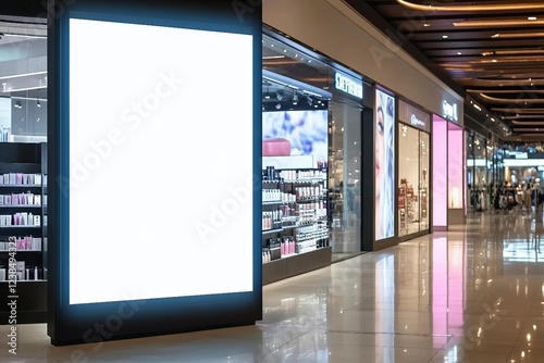 Mockup blank LED Screen billboard in front of entrance of cosmetics store in shopping mall, Empty space to insert multimedia, advertisement, promotion at prominent positions to attract attention