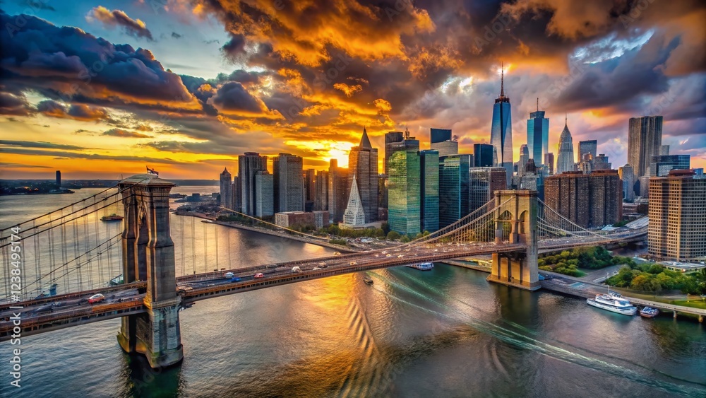 Fototapeta premium Brooklyn Bridge Aerial: Iconic Towers, Arches & Cables Against NYC Skyline