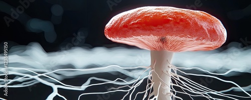 A vibrant red mushroom stands prominently against a dark background, with intricate white mycelium extending below. photo