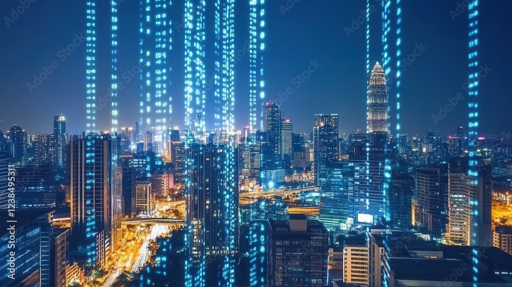 Fototapeta premium Digital Data Streams Flowing Over A Night Cityscape