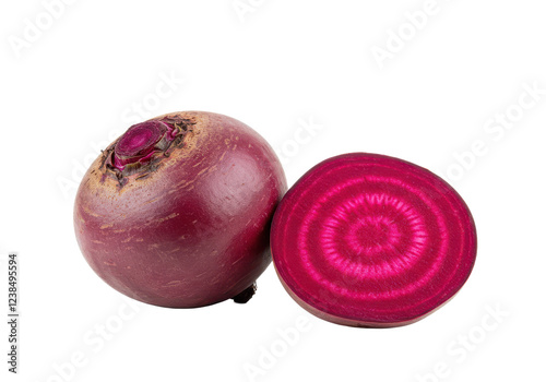 Whole beet root and half isolated on white background, no depth of field, sharp.