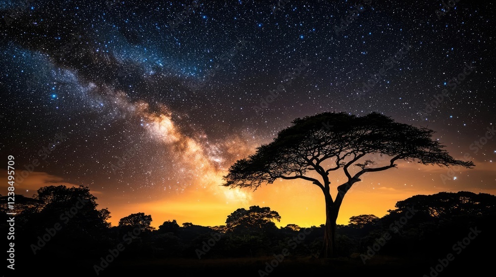 Fototapeta premium Starry skies nature concept. Silhouette of a tree against a stunning night sky filled with stars and the Milky Way.
